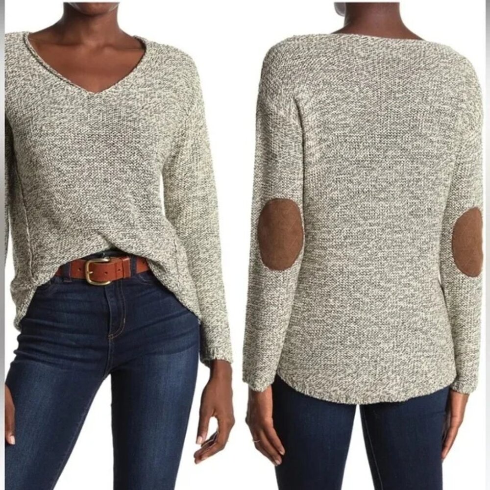 RDI Tweed-Look Long Sleeve, Suede Elbow Patch Hi-Lo Sweater